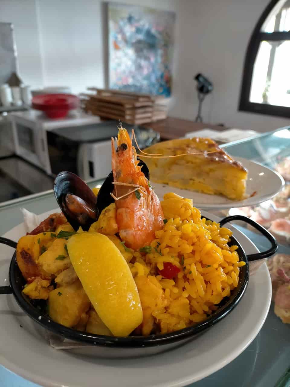 Freshly made seafood paella