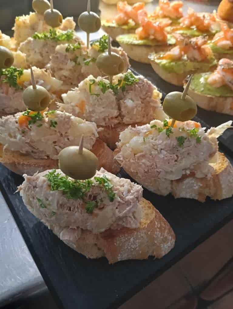 Potato salad skewers with olive